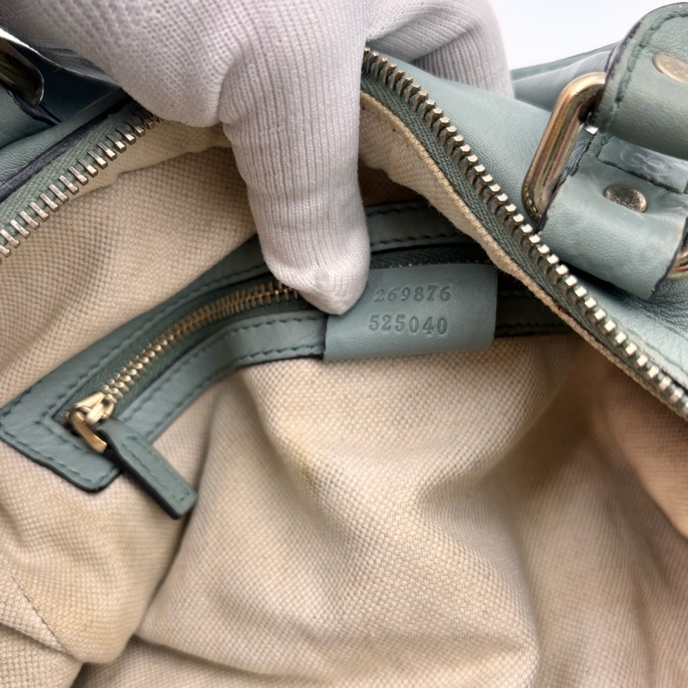 Gucci GG Embossed Leather Boston Bag Sage Green Gold Hardware - Picture 9 of 9